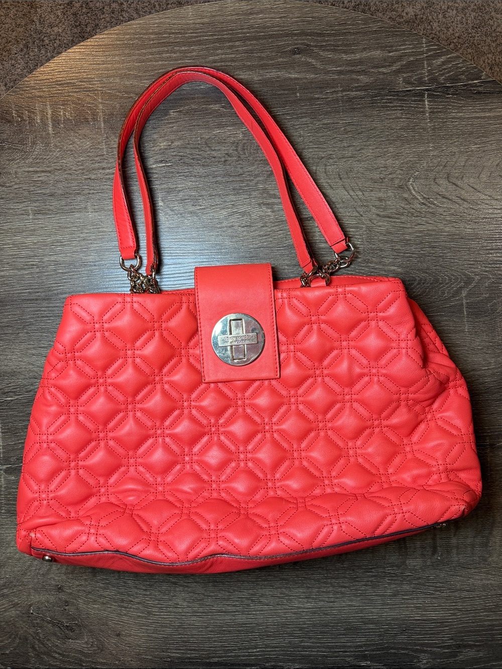 Kate Spade Coral Quilted Tote Handbag with gold Turn-Lock